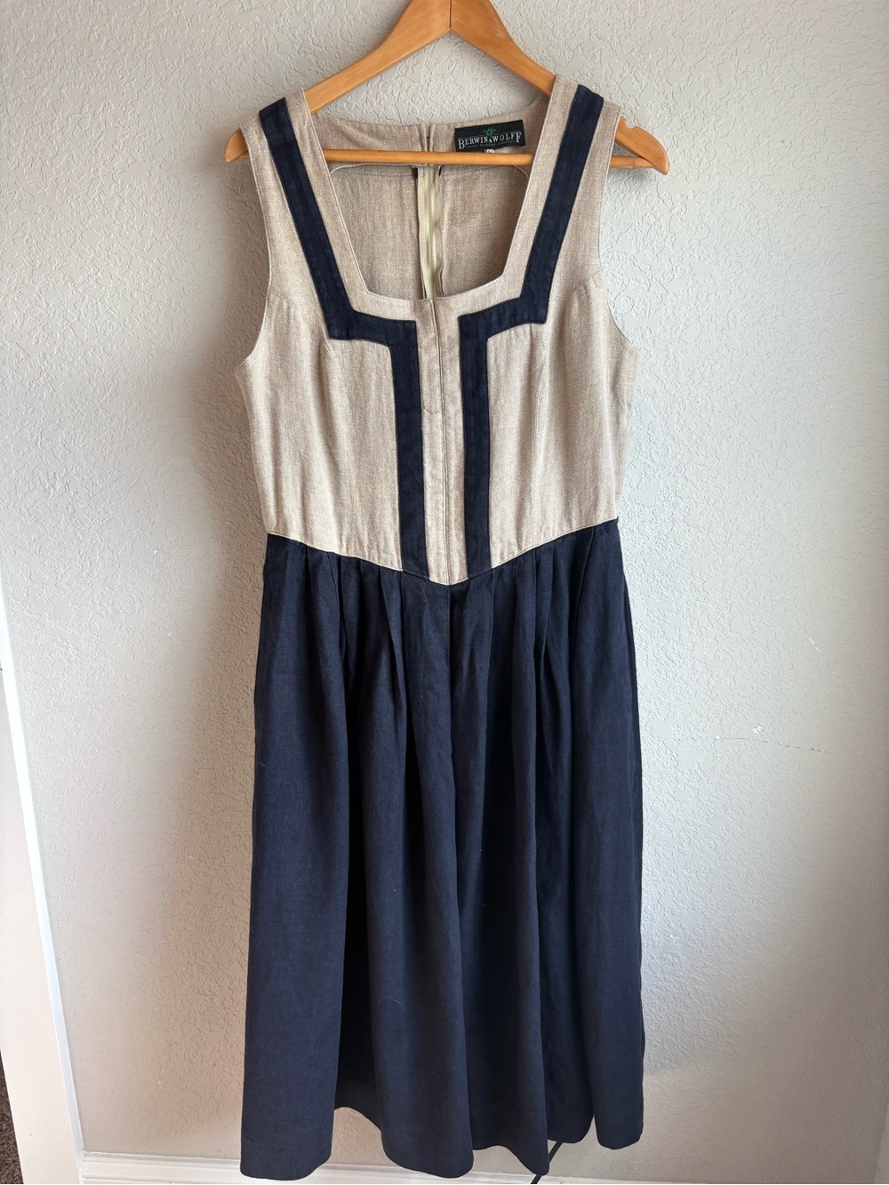 Berwin & Wolff Traditional Folklore Linen Blend Midi Dress Navy Beige EU 44 US12